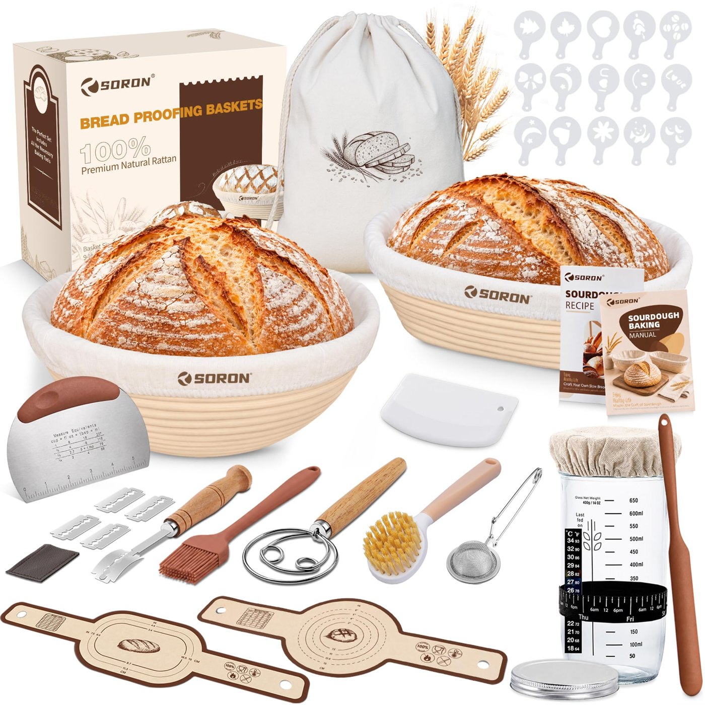 SORON Sourdough Starter Kit with Banneton Proofing Basket